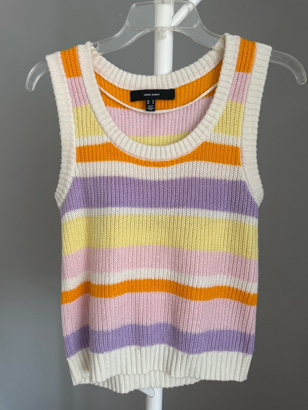 Vero Moda Cream Striped Knit V-Neck Tank with Orange, Pink, Yellow, Lavender